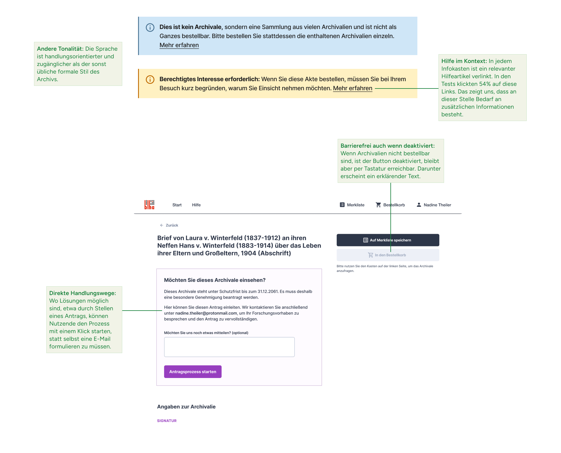 Screenshots zeigen Details der UI-Elemente, die die Nutzenden über Nutzungseinschränkungen bestimmter Archivalien informieren