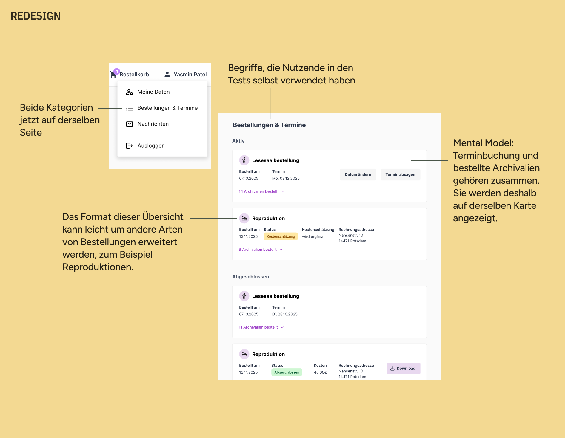 Nachher: Redesign mit Reservierungen und Bestellungen auf einer gemeinsamen Seite, die „Bestellungen & Termine“ heißt. Termine und ihre zugehörigen Bestellungen werden jeweils auf einer Karte zusammengefasst.